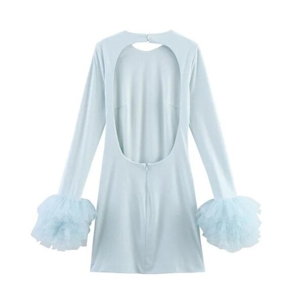 Zara Womens Mini Dress M Medium Pale Blue Ruffle Sleeve Trimmed 4772/331 NWT - Picture 4 of 16
